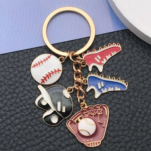 Detail of baseball theme keychain with glove helmet and colorful enamel sneaker charms