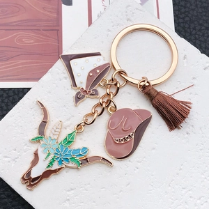 Western Cowboy Hat Keychain Floral Cow Skull Star Scarf Pendant Satin Tassel Alloy Enamel Bag Charm For Women Schoolbag
