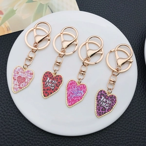 Valentine's Day Zinc Alloy Heart Keychain Leopard Print Love You Enamel Printed Key Ring Pendant Gift For Women
