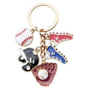 Cartoon baseball keychain set with enamel glove, helmet and shoes on gold ring