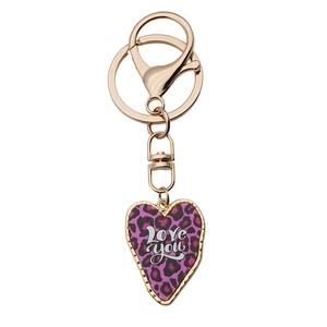 Porte-clés cœur imprimé léopard violet avec texte Love You et fermoir doré rose