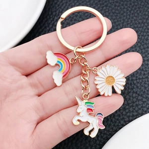 Cartoon Unicorn Rainbow Daisy Keychain Zinc Alloy Enamel Drip Oil Key Ring Cute Bag Pendant Ornament For Women Girls Gift