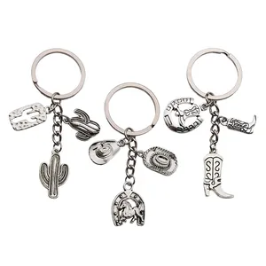 Western style horse boot and cactus alloy keychains in vintage silver finish