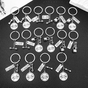 Gym Fitness Metal Keychain Zinc Alloy Dumbbell Barbell Kettlebell Pendant Antique Silver Inspirational Quote Key Ring Bag Charm Gift