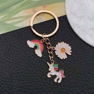 Colorful enamel rainbow unicorn and daisy flower keychain with golden alloy ring