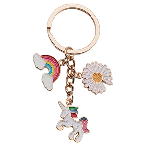 Rainbow unicorn and daisy keychain with rose gold ring for women bag decoration