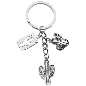 Antique silver desert cactus alloy keychain with hollow charms for backpacks