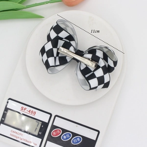 Classic checkered bow hair clip for girls, size 11cm, weight 7g with metal alligator clip