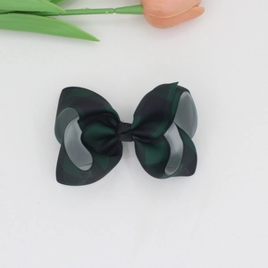 Classic dark green plaid ribbon bow hair clip for girls with elegant British checkered style