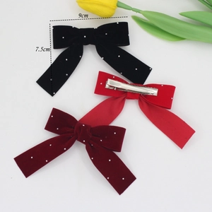 Three-piece velvet bow hair clips with white pearls in black and red colors, 9cm size