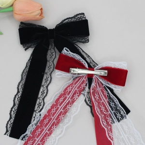 Elegant velvet lace bow hair clips with long ribbon streamers in red and black colors