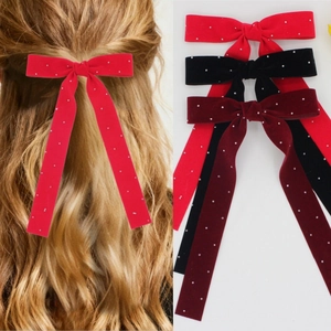 French Elegant Velvet Bowknot Hair Clip With Long Streamer Rhinestone Polka Dot Sweet Girls Large Ribbon Hairpin Headwear