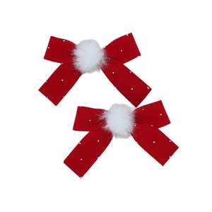 Paio di fermagli per capelli con fiocco in velluto rosso con pompon e strass luccicanti