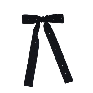 Elegant black velvet bow hair clip with silver rhinestones and long streaming ribbons