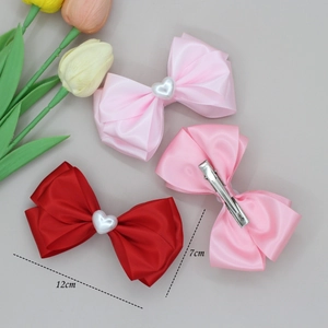 Pink and red satin bow hair clips with white heart beads for women, 12cm width size