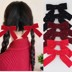 Vintage Velvet Bow Hair Clips For Women Girls Elegant Rhinestone Artificial Pearl Bowknot Duckbill Clips Sweet Hair Accessories