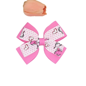 Fermaglio per capelli rosa a doppio strato con simpatico motivo a bambina e pois bianchi