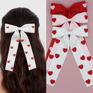 Valentine's Day Satin Ribbon Bow Hair Clip For Women Sweet Heart Pattern Long Streamer Alligator Clip Hairpin Hair Accessories