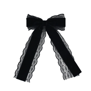 Elegant black velvet bow hair clip with lace trim and long ribbon streamers for women