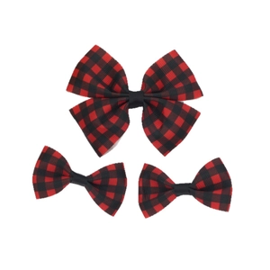 Three-piece red and black buffalo plaid ribbon bow clip set for girls hair styling