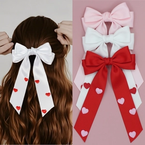 Pince à Cheveux Nœud en Satin Sucré Motif Cœur Long Ruban Épingle à Cheveux Princesse pour Femmes Filles