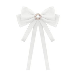 Elegant white satin bow brooch for women with center pearl and sparkling rhinestone detail