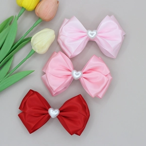 Sweet Satin Ribbon Bow Hair Clip With Heart Artificial Pearl Elegant Bowknot Hair Accessories For Women Girls Valentine Gift