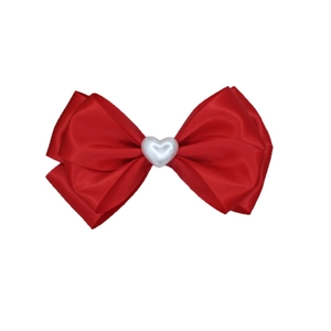 Red satin bow hair clip with a pearly heart bead for sweet girls hair styling accessory