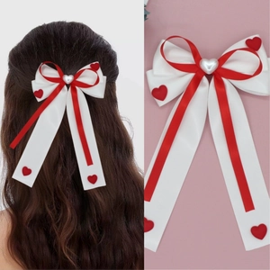 Barrette à Cheveux Nœud Doux Saint-Valentin Décor Künstliche Perle Cœur Accessoire Cheveux Satin Rouge Blanc Filles Femmes