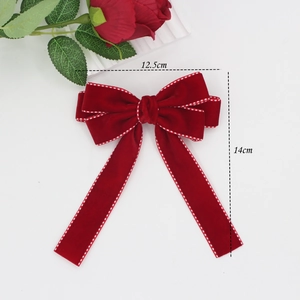 Elegant red velvet bow hair clip with white stitching and long streamers, size 12.5x14cm