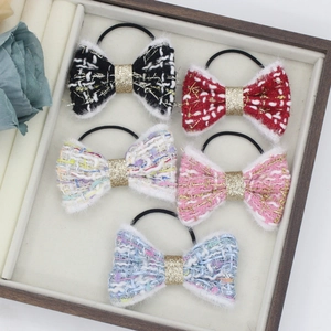Élastiques à Cheveux Nœud en Tweed Doux Avec Bordure en Fausse Fourrure Centre à Paillettes Cordes à Cheveux Haute Élastique pour Filles Femmes Accessoires Cheveux Princesse