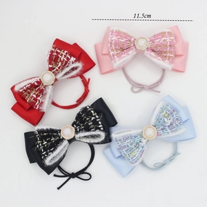 Set di quattro elastici per capelli con fiocco in tweed e perla, larghezza 11,5 cm