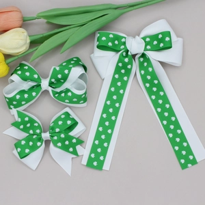 St. Patrick's Day green clover print bow hair clips set with three ribbon hair accessories