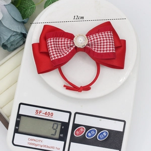 Red houndstooth bow hair clip with pearl center, 12cm festive sweet princess hair accessory