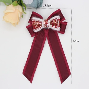 Sweet burgundy pleated satin bow hair clip with tweed ribbon and gold metallic threads