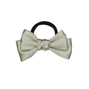 Elegant champagne satin bow scrunchie with high-elastic band and smooth glossy finish