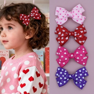Douces Barrettes à Nœud en Ruban Gros-Grain Imprimé Cœur Filles Saint-Valentin Princesse Pinces Croco Accessoires Cheveux Faits à la Main