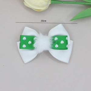 St. Patrick's Day 10cm green clover print ribbon hair bow with white pom-pom center