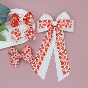 Grosgrain Ribbon Bow Hair Clip Heart Print Faux Artificial Pearl Accessory Sweet Valentine Gift For Girls Kids Fashion Hair Jewelry