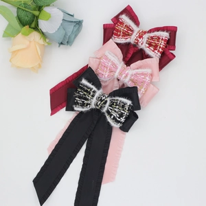 Sweet Ruffled Bow Hair Clip With Long Ribbons Tweed Satin Princess Hair Accessories For Girls Women Everyday Decor