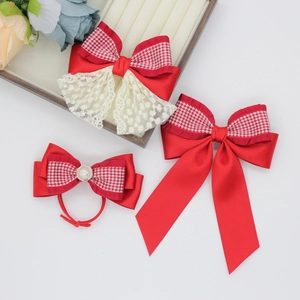 Red Houndstooth Bow Hair Clip Sweet Vintage Satin Ribbon Hairpin Festive Artificial Pearl Hair Tie For Women Girls Hair Accessories