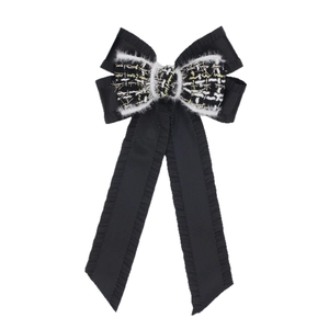 Elegant black bow hair clip with tweed center and white lace trim for women