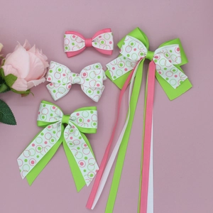 Accessoires de Cheveux Nœud en Ruban Gros-Grain pour Filles avec Imprimé Cercles Rose Vert Serre-Tête et Barrettes pour Enfants