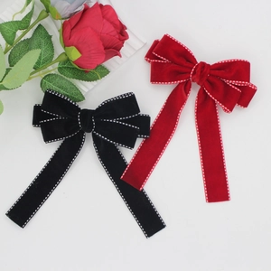 French Sweet Velvet Ribbon Bow Hair Clip Polka Dot Stitching Elegant Long Streamer Alligator Clip For Women Girls Hair Decoration