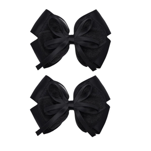 Set of two solid black layered chiffon bow hair clips for girls, elegant hair accessory
