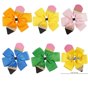 Handmade Grosgrain Ribbon Pencil Shaped Bow Hair Clips Colorful Glitter Ribbon Bowknot Hairpins School Hair Accessories For Kids Students