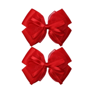 Pair of red layered chiffon bow hair clips for girls with elegant organza ribbon texture