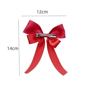 Elegant red satin double ribbon bow hair clip with silver metal duckbill clip for women