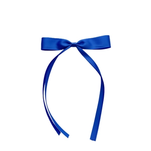 Detail of royal blue ballet-style satin ribbon hair bow with long elegant streamers