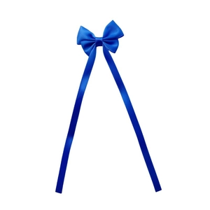 Detail of royal blue satin ribbon bow hair clip with elegant long streamers and silky texture